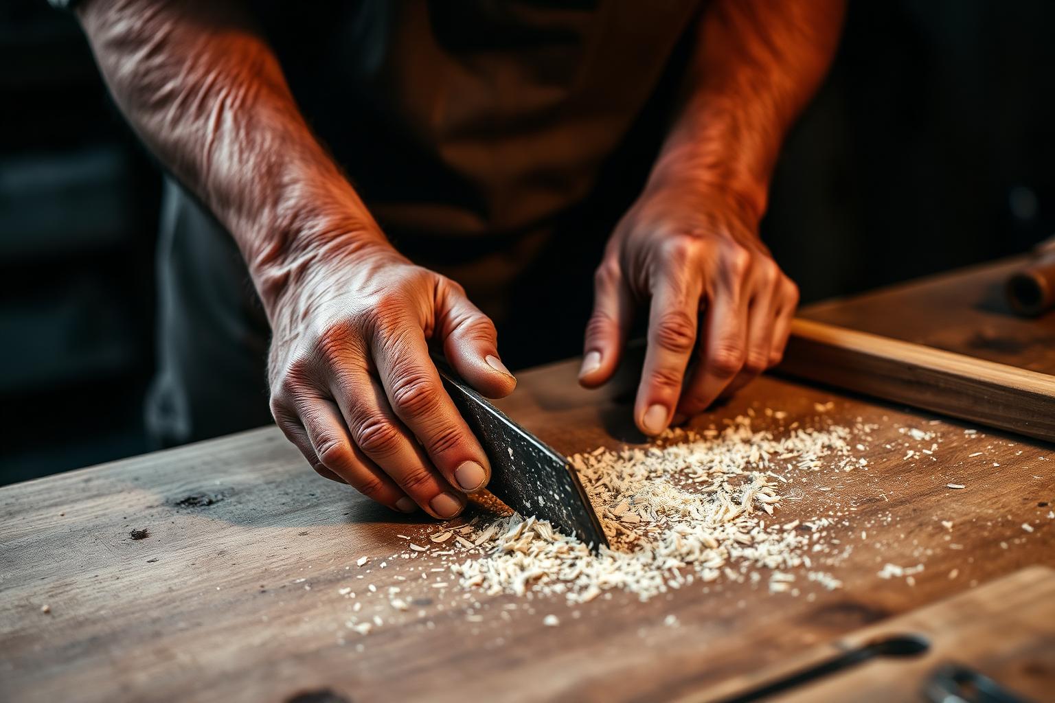 A working carpenter using a chisel on an oak workbench