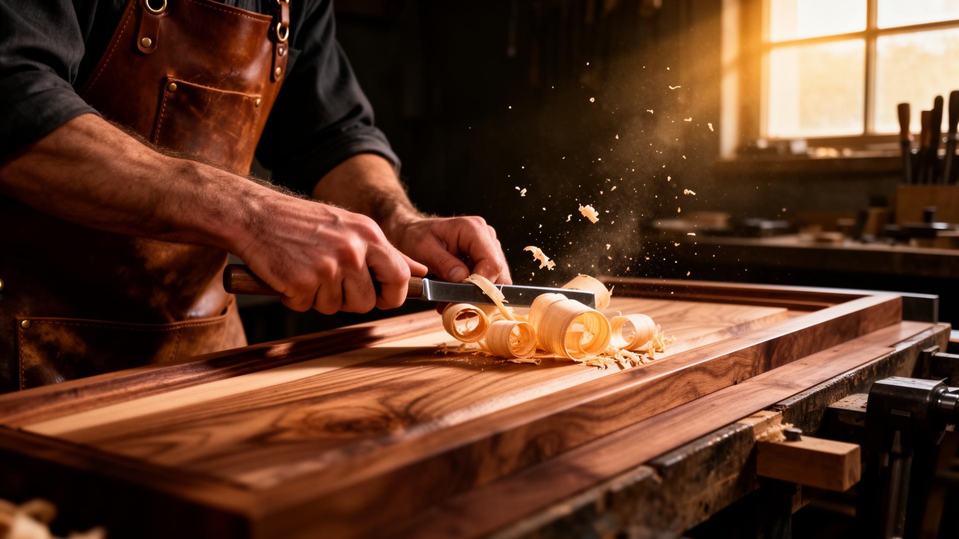 A craftsman using a Hackett chisel to pare hardwood in a workshop